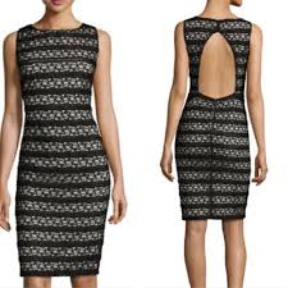 Alice + Olivia black lace nude lined open back dress size 2